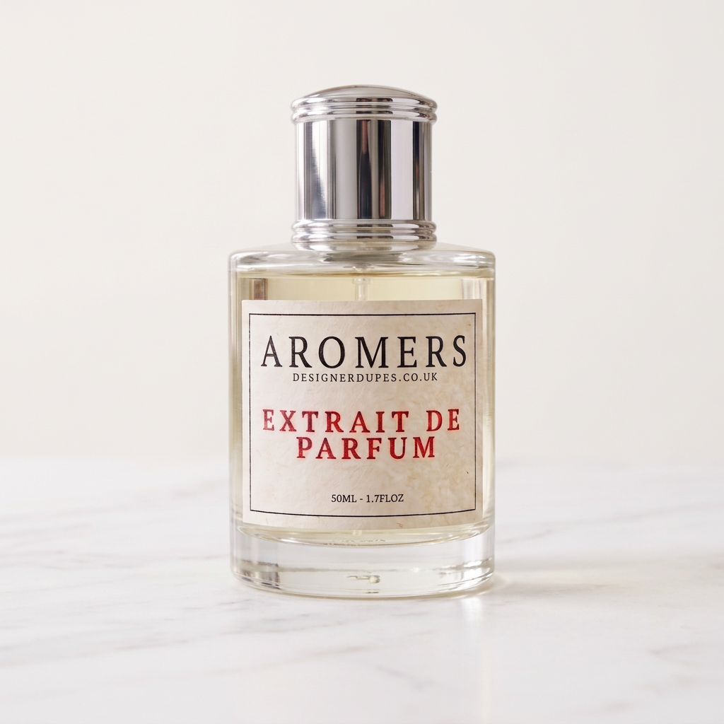 Aromers Temptress perfume bottle on a light marble background